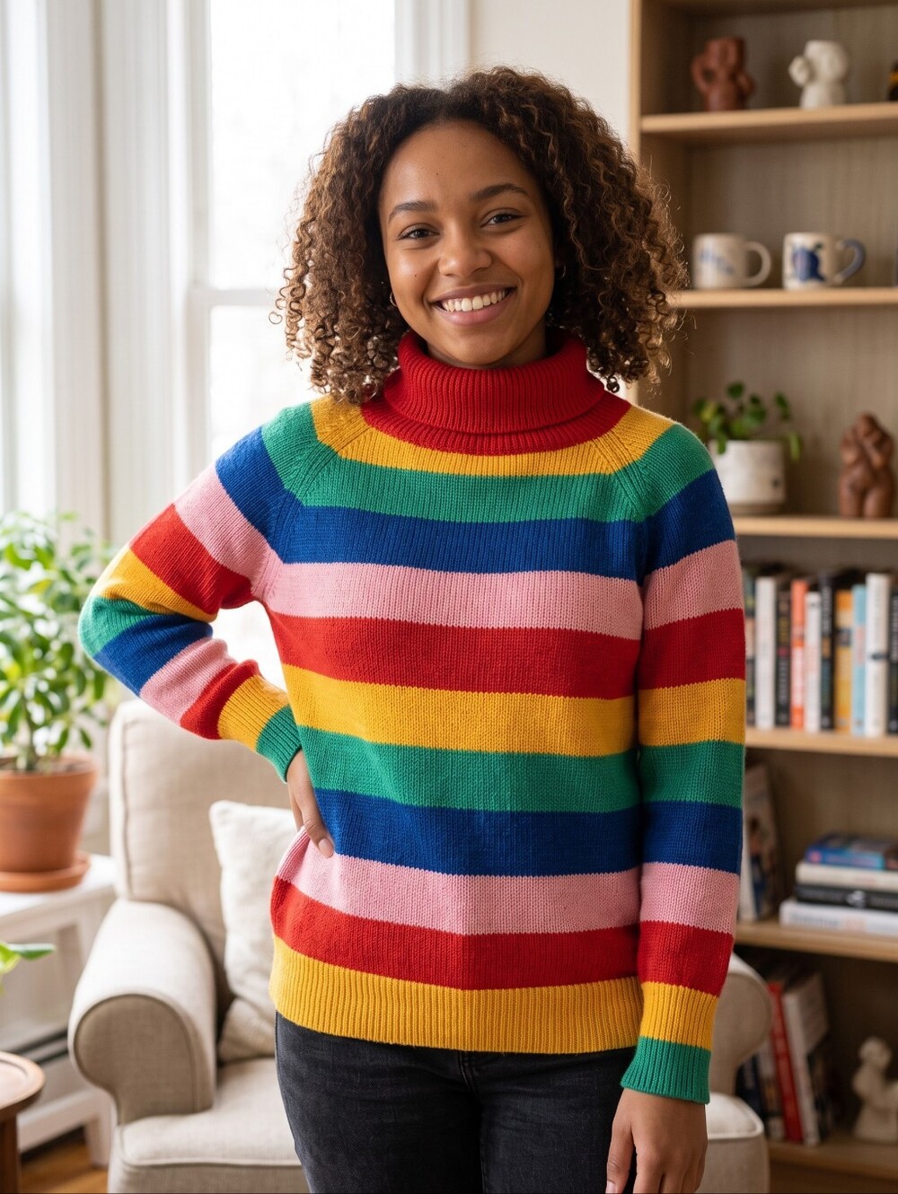 LALA IKAI Oversized Striped Knit Pullover Turtleneck Rainbow Sweater Women Large